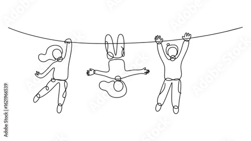 Continuous Line Art of Children Playing on a Bar Playful Childhood Fun and Recreation Design