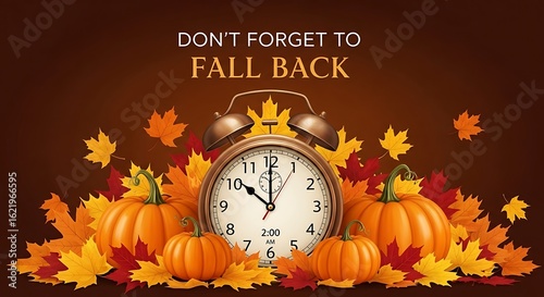 Fototapeta Naklejka Na Ścianę i Meble -  Autumnal illustration with an alarm clock, pumpkins, and falling maple leaves, reminding to fall back for daylight saving time