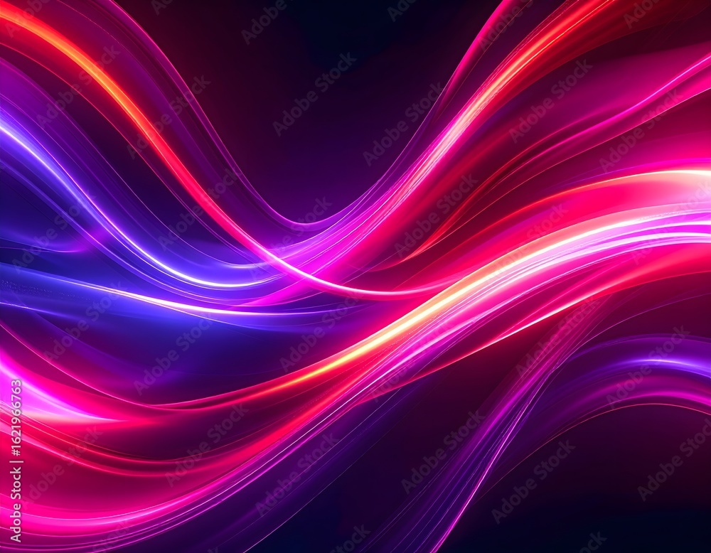 Fototapeta premium Vibrant energy flow concept with luminous pink and blue neon lines moving in a dynamic wave pattern on a dark background.