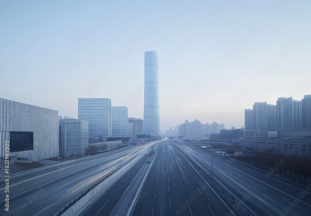 Fototapeta premium Modern City Skyline with Highway