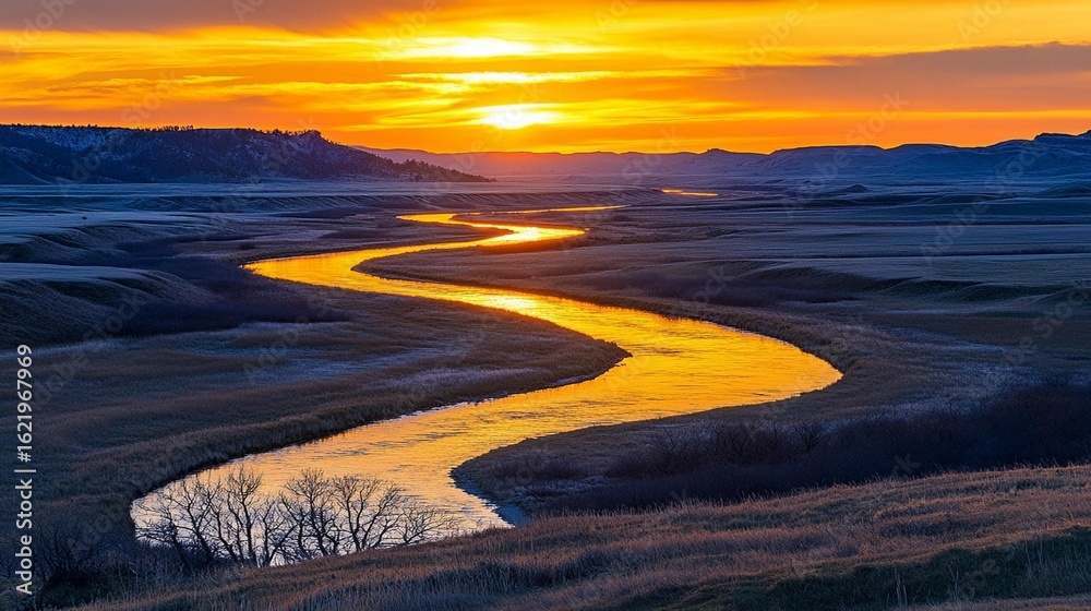 Fototapeta premium Golden River Sunset Landscape