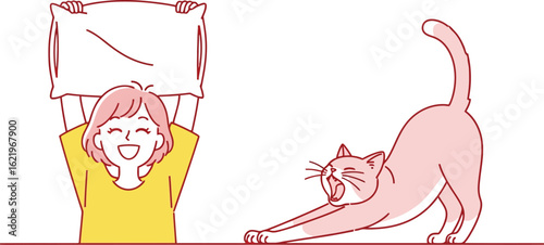 Woman with pillow and cat stretching illustration vector art