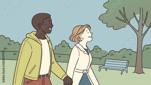 A diverse couple enjoys a leisurely walk in the park, holding hands and smiling, surrounded by trees and nature, radiating love, happiness, and togetherness