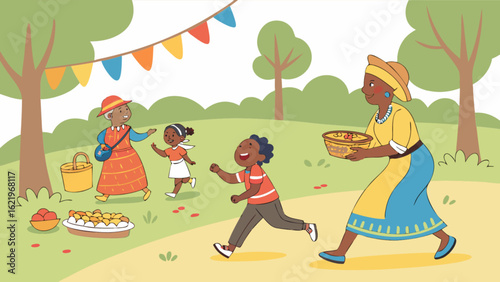 A family is having a picnic in the park, celebrating together with food, laughter, and joy, a heartwarming gathering of generations illustration