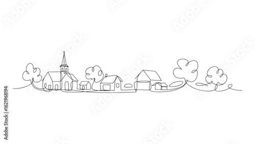 Continuous Line Drawing of a Rural Landscape with Houses, Trees, and a Church Silhouette