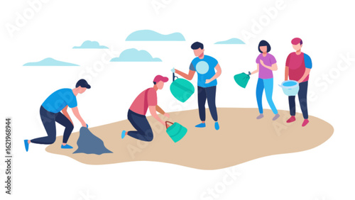 Group of volunteers cleaning up the beach, picking up trash and plastic waste, environmental community service isolated on white background