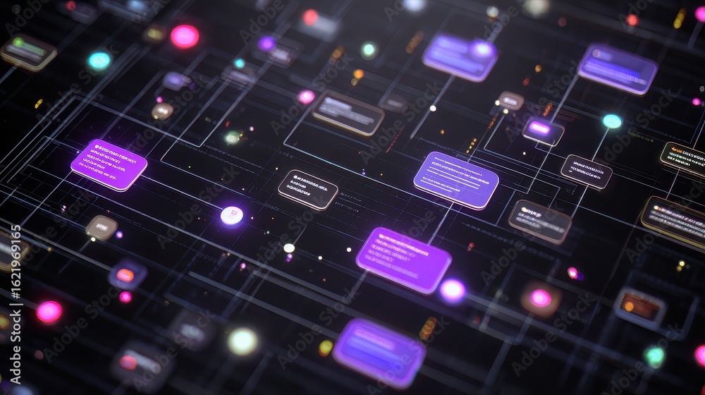 Fototapeta premium Futuristic Network with Glowing Nodes Connecting Data Points on Dark Surface