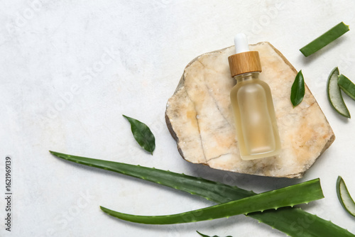 Stone, fresh aloe leaves an...