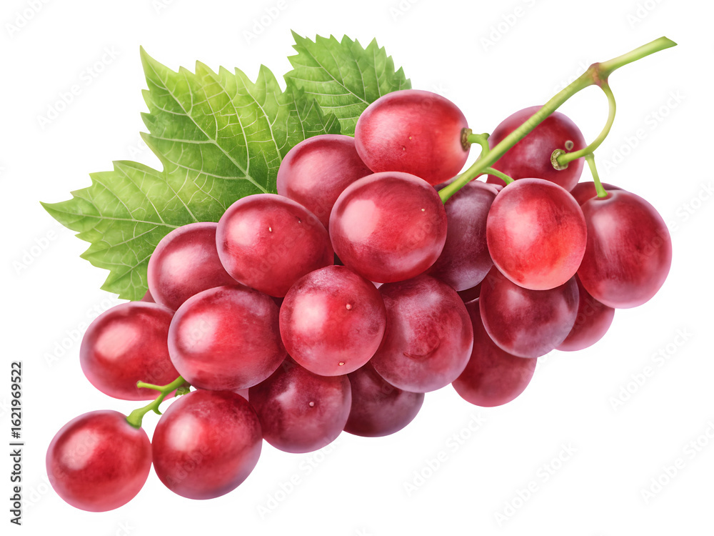 Fototapeta premium Fresh bunch of ripe red grapes with green leaves on black background