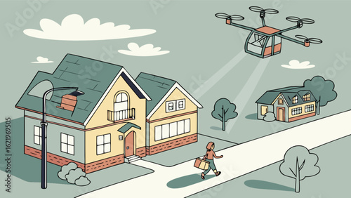 Illustration of a drone delivering a package in a suburban neighborhood, showcasing the future of transportation and delivery services