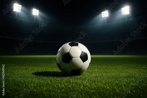 Professional soccer ball positioned perfectly on pristine stadium grass under dramatic spotlight illumination