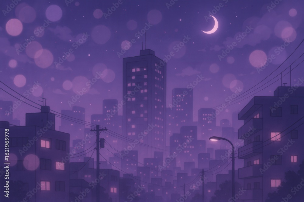 Naklejka premium Relaxing lo-fi aesthetic cityscape with purple neon lights and anime-inspired atmospheric vibes