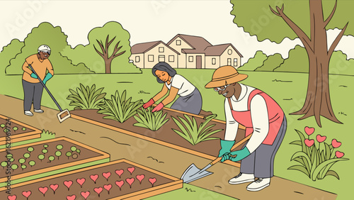Illustration of people gardening together in a community garden, planting vegetables and flowers for a sustainable and healthy lifestyle