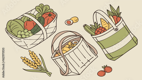 Three baskets filled with fresh vegetables and fruits, along with wheat stalks, showcasing a healthy and organic harvest from the farm, isolated on white background