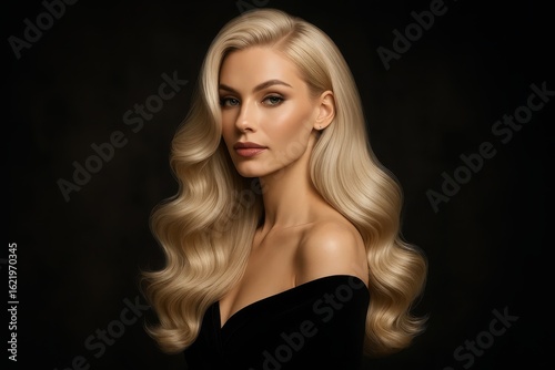 Glamorous Blonde Hair Model with Lustrous Waves and Professional Beauty Styling