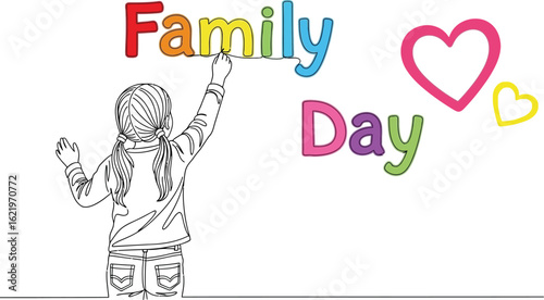 Celebrate happy family day with drawing and colorful hearts