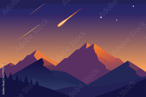 shooting stars over mountain range  magical night .eps