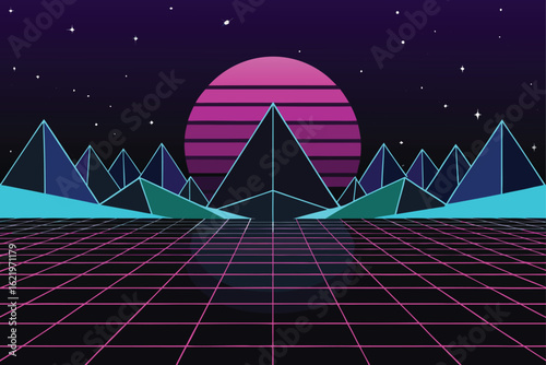 a futuristic landscape composed of layered triangle