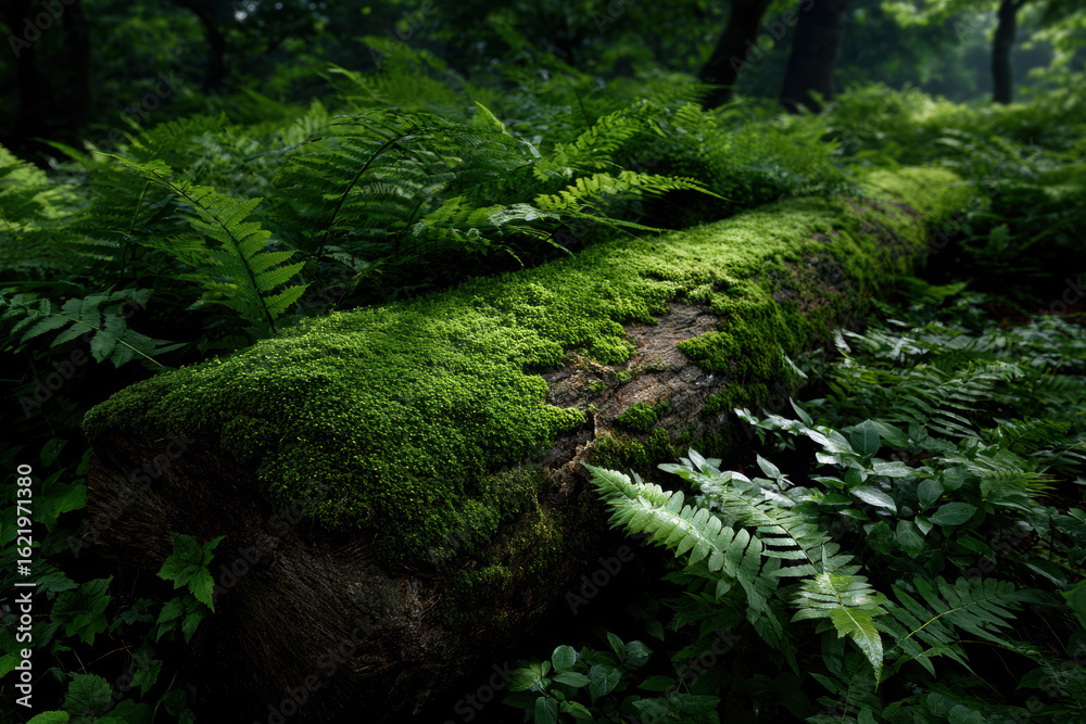 Obraz premium Moss-covered log surrounded by vibrant ferns in a forest