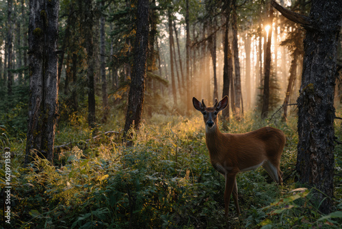 Lone deer in a tranquil dawn forest clearing