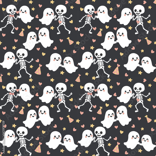 Cute Halloween-themed seamless repeat of skeletons and ghosts