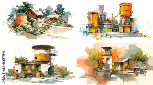 Watercolor illustrations of rural village homes and colorful industrial buildings with tanks, pipes, and rustic architectural elements.