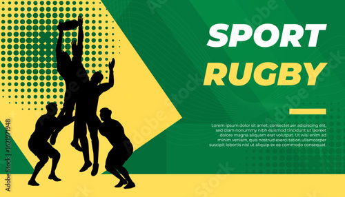 Rugby Sport Banner with Silhouette Athletes and Halftone Background