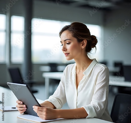 Focused businesswoman in a modern office setting, using a tablet for work, showcasing professionalism and engagement in a corporate environment Free Download Focused businesswoman in a modern office setting, using a tablet for work, showcasing professionalism and engagement in a corporate environment - GFXLoad