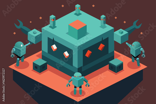 Isometric Cube Fortress with Red Base