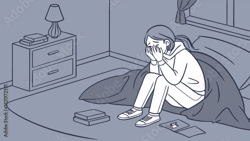 A sad woman is crying in her bedroom at night, feeling loneliness, sorrow, grief, pain, stress, anxiety, fear, worry, and other negative emotions