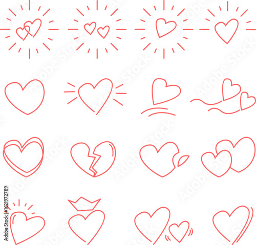 Hand drawn pink heart icons set