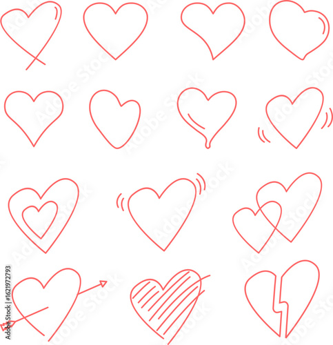 Cute hand drawn pink heart icons 
