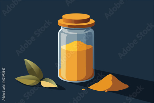 glass jar with turmeric powder and fresh turmeric  (1).eps