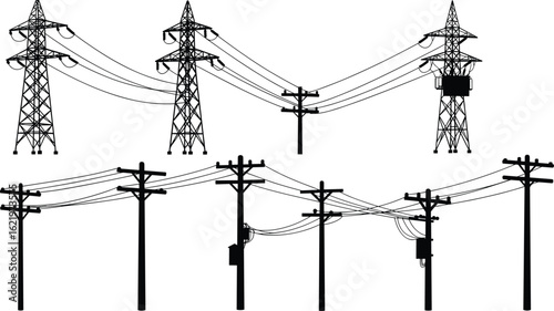 Electric transmission towers, utility poles with power lines, black silhouette drawing, voltage transformer boxes, energy distribution system, cad vector design