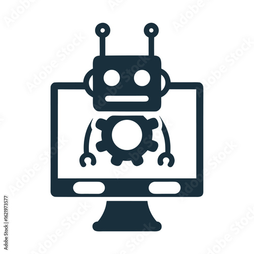 Dark Blue Robot Icon with Gear on Computer Screen Vector technology artificial
