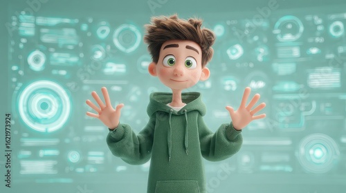 Animated avatar conversing fluently with user across holographic interface, fluid gestures and natural expressions powered by conversational intelligence and language tech