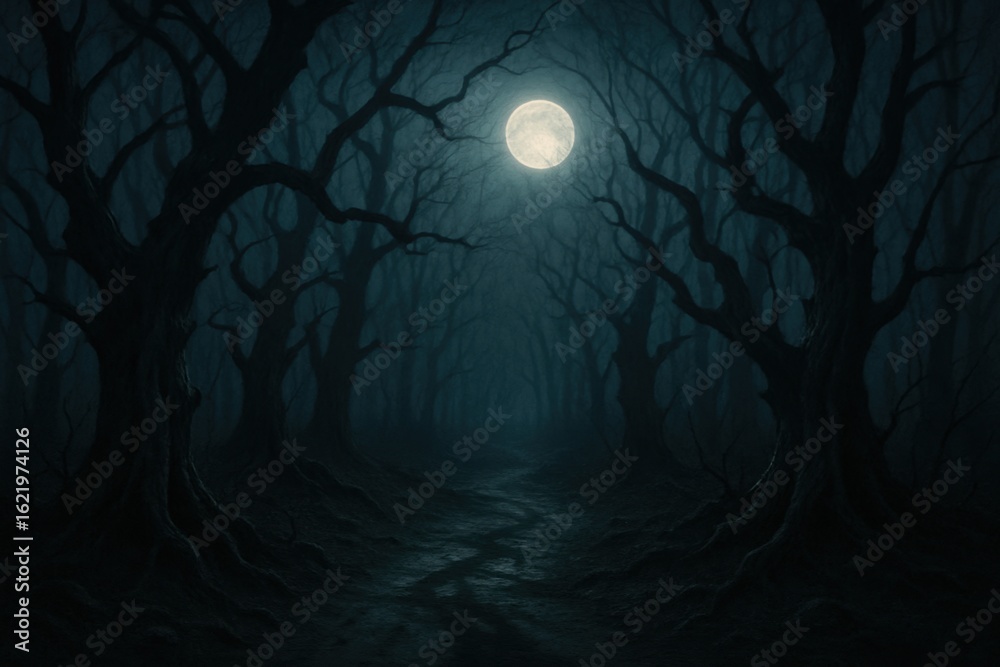 Fototapeta premium Mysterious Dark Forest Path with Twisted Trees and Haunting Moonlight Atmosphere