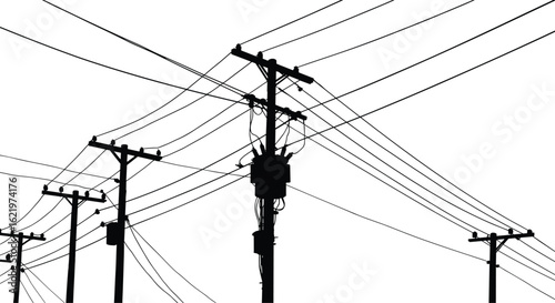 Electric utility poles with transformer, power line silhouette vector, CAD flat style illustration, urban energy infrastructure, black and white drawing