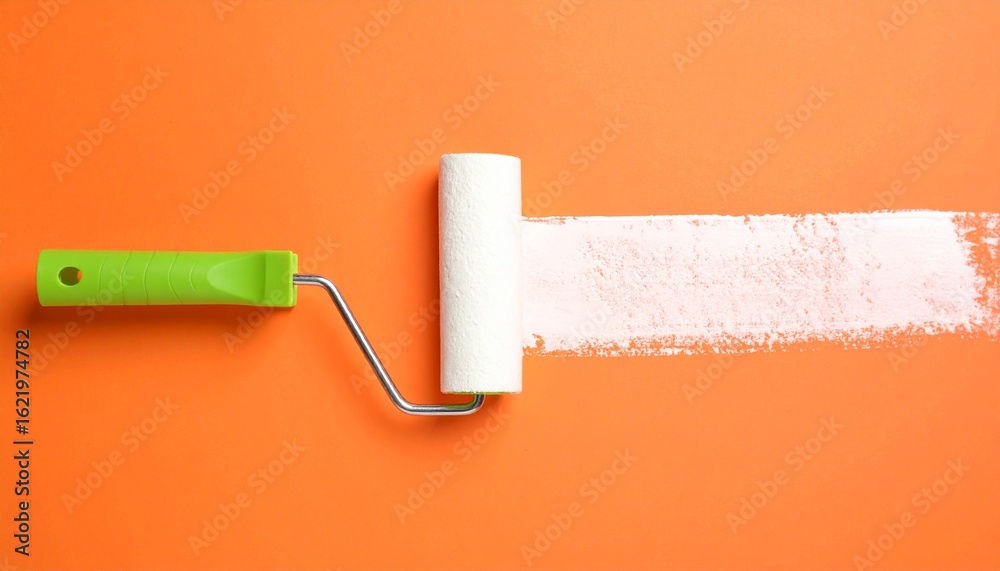Obraz premium A paint roller leaves a trail of white paint on an orange surface.