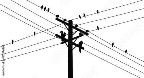 Silhouette vector illustration of birds and squirrels sitting on electric wires, power line animals, minimalist design, urban wildlife scene