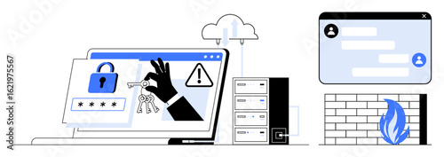 Hacking hand bypassing locks on a screen, server stacks, firewall, alert symbols, and password fields. Ideal for data security, risk prevention, IT infrastructure, cloud safety secure login