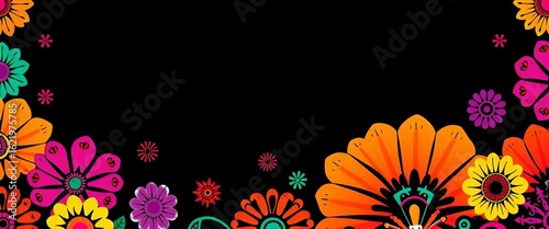 Vibrant papel picado pattern on black background, ideal for Hispanic Heritage Month social media,   background design,  culture