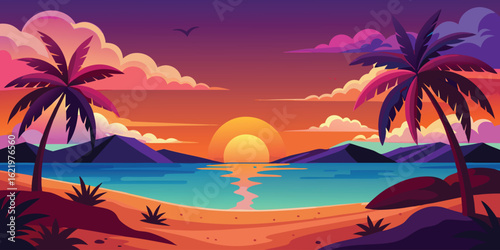 Tropical beach with palm trees at sunset, a scenic ocean landscape for vacation background