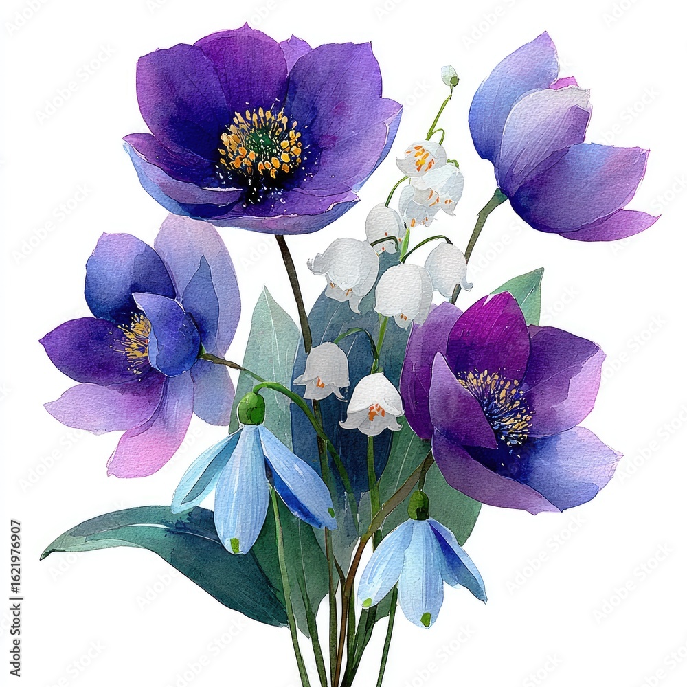custom made wallpaper toronto digitalWatercolor bouquet of purple and blue flowers with delicate white bells