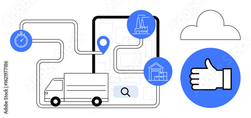 Delivery truck on map with industrial markers, route tracking, stopwatch, thumbs-up, and cloud icon. Ideal for logistics, supply chain, fleet management, efficiency technology transport simple