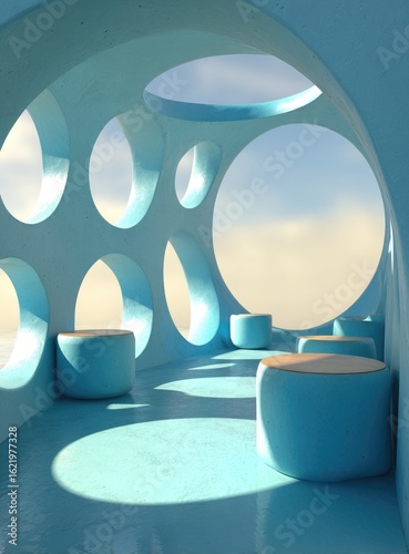 Wallpaper Mural Abstract, light blue, curved structure with circular openings, showcasing a serene sky view and cylindrical seating Torontodigital.ca