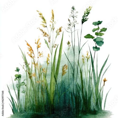 Wallpaper Mural Watercolor painting of wildflowers and grasses, various heights and colors, set against a dark green wash Torontodigital.ca