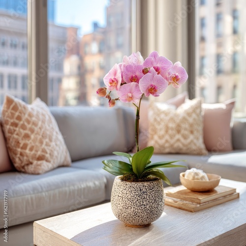 Wallpaper Mural Pink orchid in pot on coffee table Torontodigital.ca