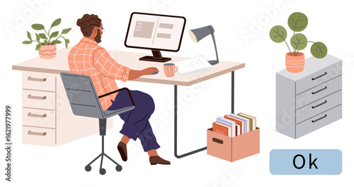 Man focused on computer at desk with cup, documents, plants, organized files, lamp, and storage drawers. Ideal for productivity, remote work, organization workspace setup focus modern office