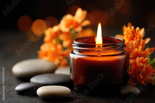 Wallpaper Mural Lit candle in amber jar, orange flowers, smooth stones Torontodigital.ca